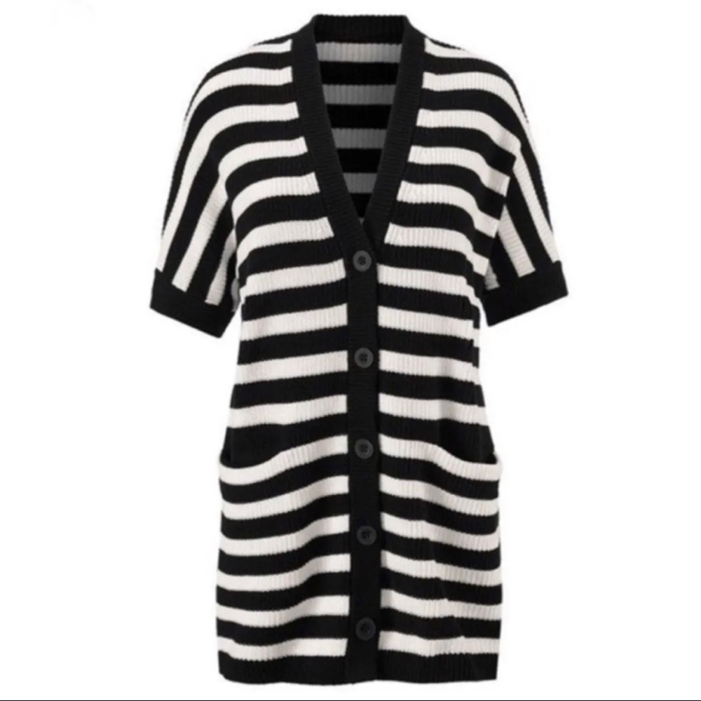 Cabi Womens Sz S Black White French Striped Long Tunic Sweater Cardigan V Neck